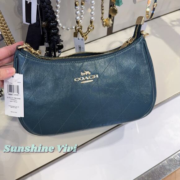 NWT Coach Teri Shoulder Bag Quilting CDP32 Gold/DARK TEAL Shiny smooth leather - Picture 2 of 9